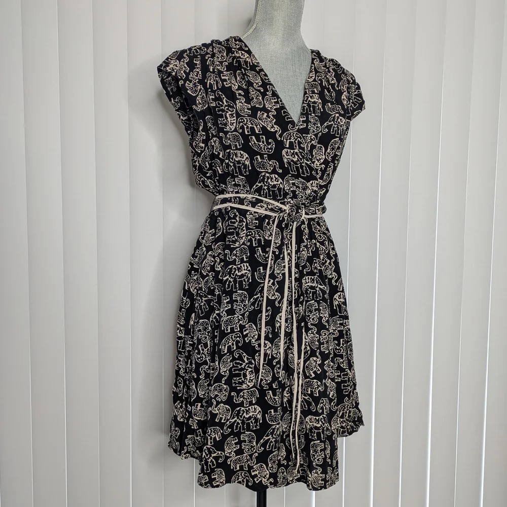 Anthropologie Maeve Black and Cream Elephant Patterned Midi Dress Size Medium - Picture 4 of 12